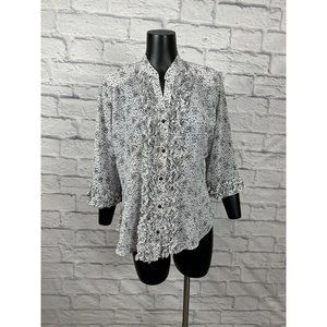 Paloma Carmin Floral Printed Blouse Ruffled Button Front 3/4 Sleeve 80's Size XL